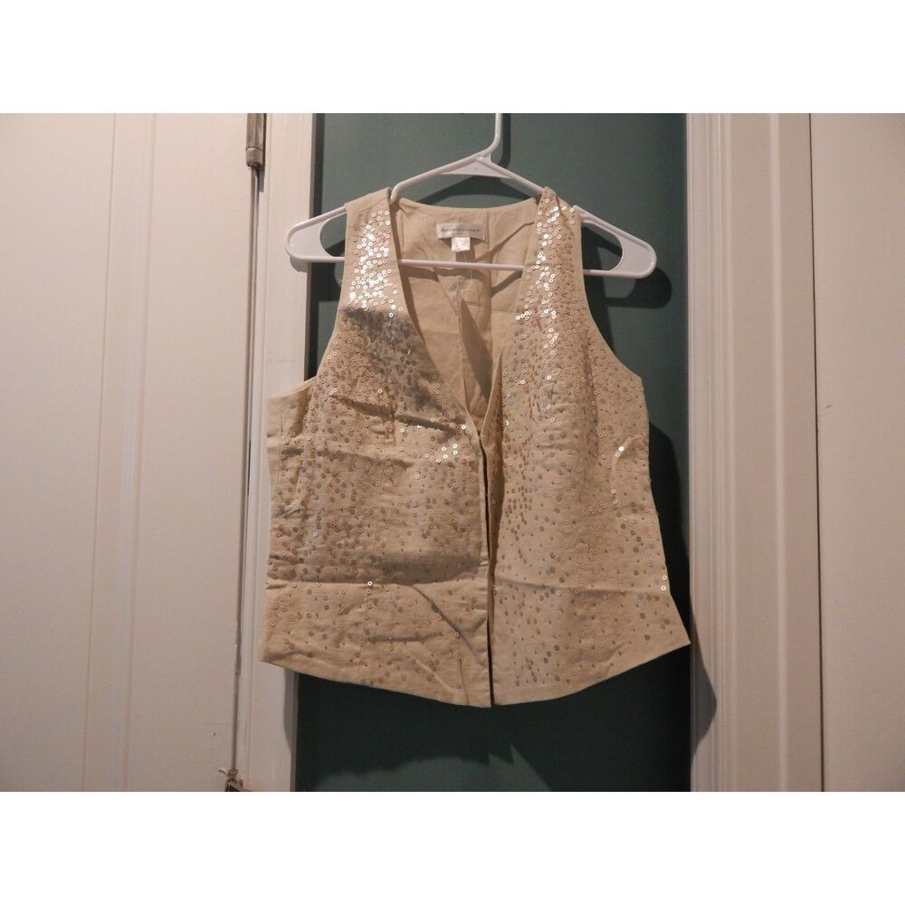 Christopher & Banks Women’s Small Tan Sequin Linen Cotton V‑Neck Vest NWT